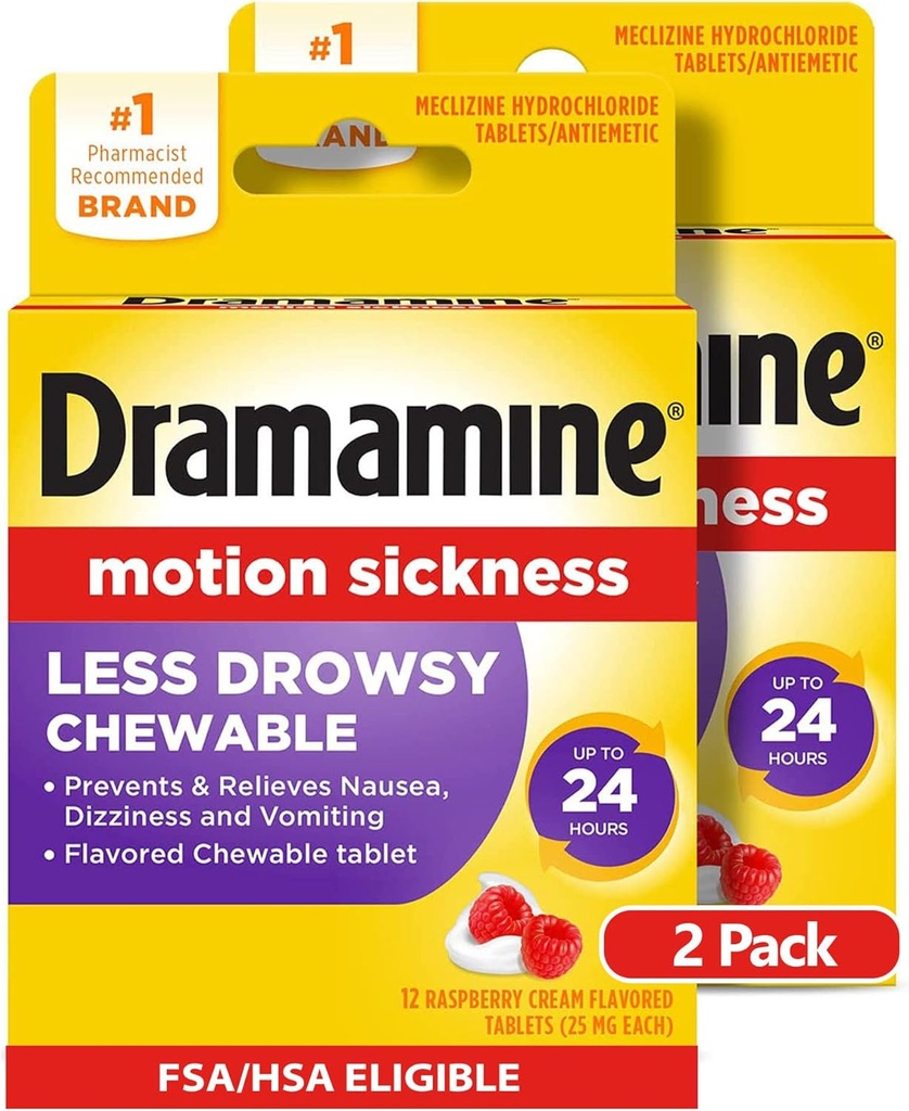 Dramamine Chewable Less Drowsy, Motion Sickness Relief, Raspberry Cream Flavor, 12 Count, 2 Pack