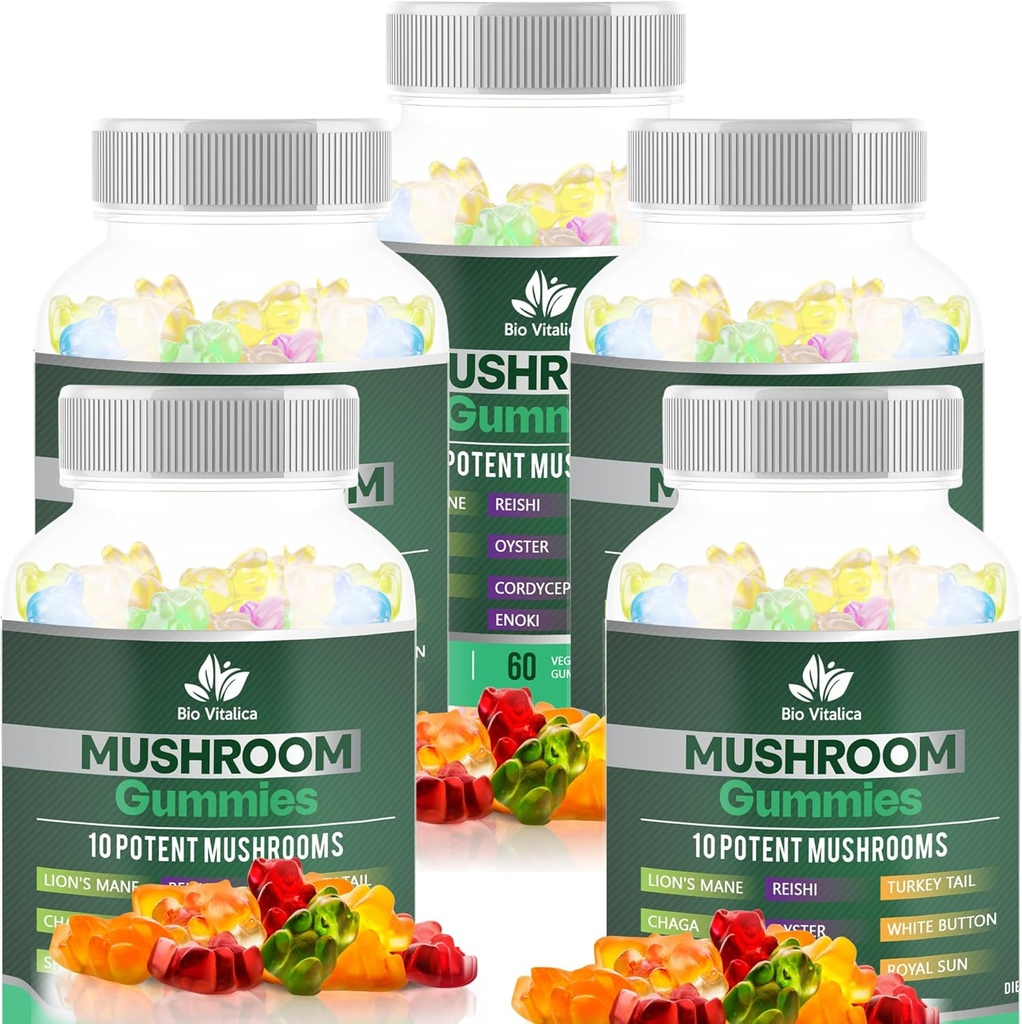 BIO VITALICA Mushroom Gummies – 10 Mushroom Complex with Lion’s Mane, Reishi, Chaga, Cordyceps & More – Fruity Vegan Gummies – Μη-GMO, Χωρίς γλουτένη, με βάση το φυτό – 5 συσκευασίες