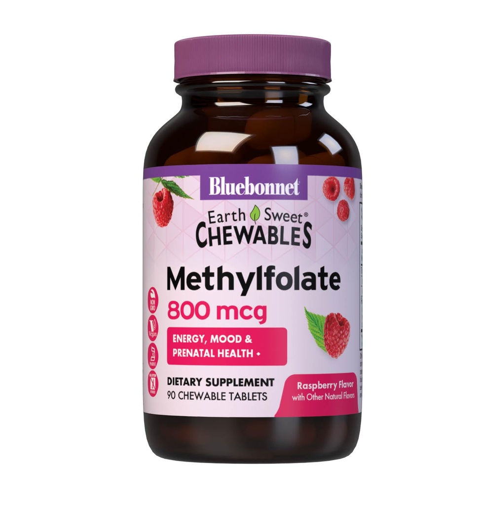 Bluebonnet EarthSweet Torchfolate 800 mcg Cellular Active Coenzyme 5MTHF L Metil Foate Supplement - Prenatal & Energy Support* - Non-GMO, Vegan, Gluten-Free - Raspberry - 90 Chewable Tabletler