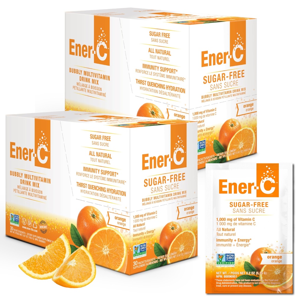 Ener-C Sugar Free Energy Orange Multivitamin Drink Mix Vitamin C 1000 mg & Electrolytes - Doğal Immunity Support with Real Fruit Juices Non-GMO Vegan & Gluten Free - 60 Count