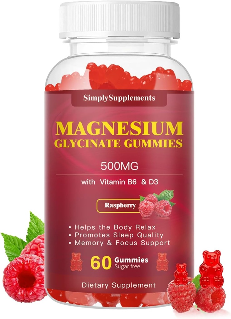 Magnezyum Glycinate Gummies 500 mg, Chewable Magnezyum Supplement with Vitamin D3, B6, CoQ10, in Relaxation, Sleep & Mood Support, Calm Magnezyum Gummies - 60 Raspberry Gummies
