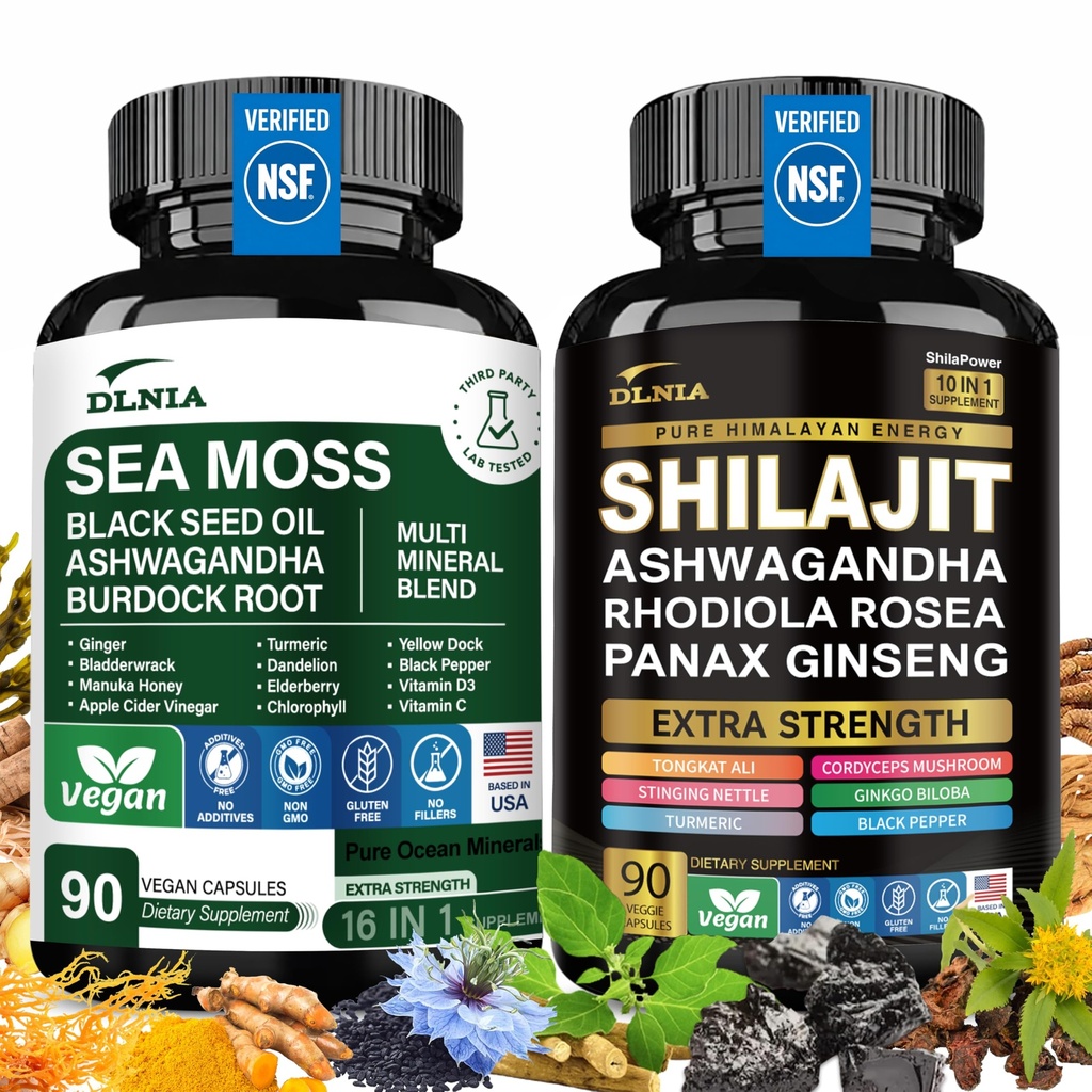 DLNIA Shilajit 9000mg, Sea Moss 17500mg, Ginger & Black Seed Oil 4000mg, Ashwagandha 5000mg, Rhodiola Rosea, 1000mg Panax Ginseng 1500mg, All in 1 Supplement - Sea Moss & Shilajit Vitality Bundle