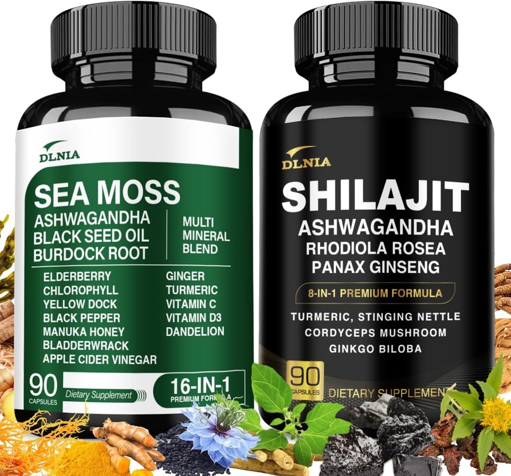Shilajit 9000 mg, Sea Moss 17500 mg, Ginger & Black Seed Oil 4000mg, Ashwagandha 5000mg, Rhodiola Rosea, 1000 mg Panax BTC 1500 mg, All in 1 Supplement - Sea Moss & Shilajit Vitality
