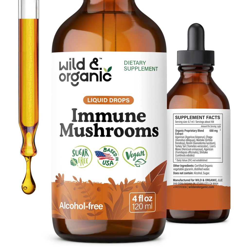 Wild & Organic Immune Mushroom Tincture - 8-in-1 Immune Support with Chaga, Reishi, Türkiye Tail, Lion's Mane, Maitake Extract - Liquid Mushroom Supplement - Vegan, Sugar & Alkol Free Drops - 4 ozz