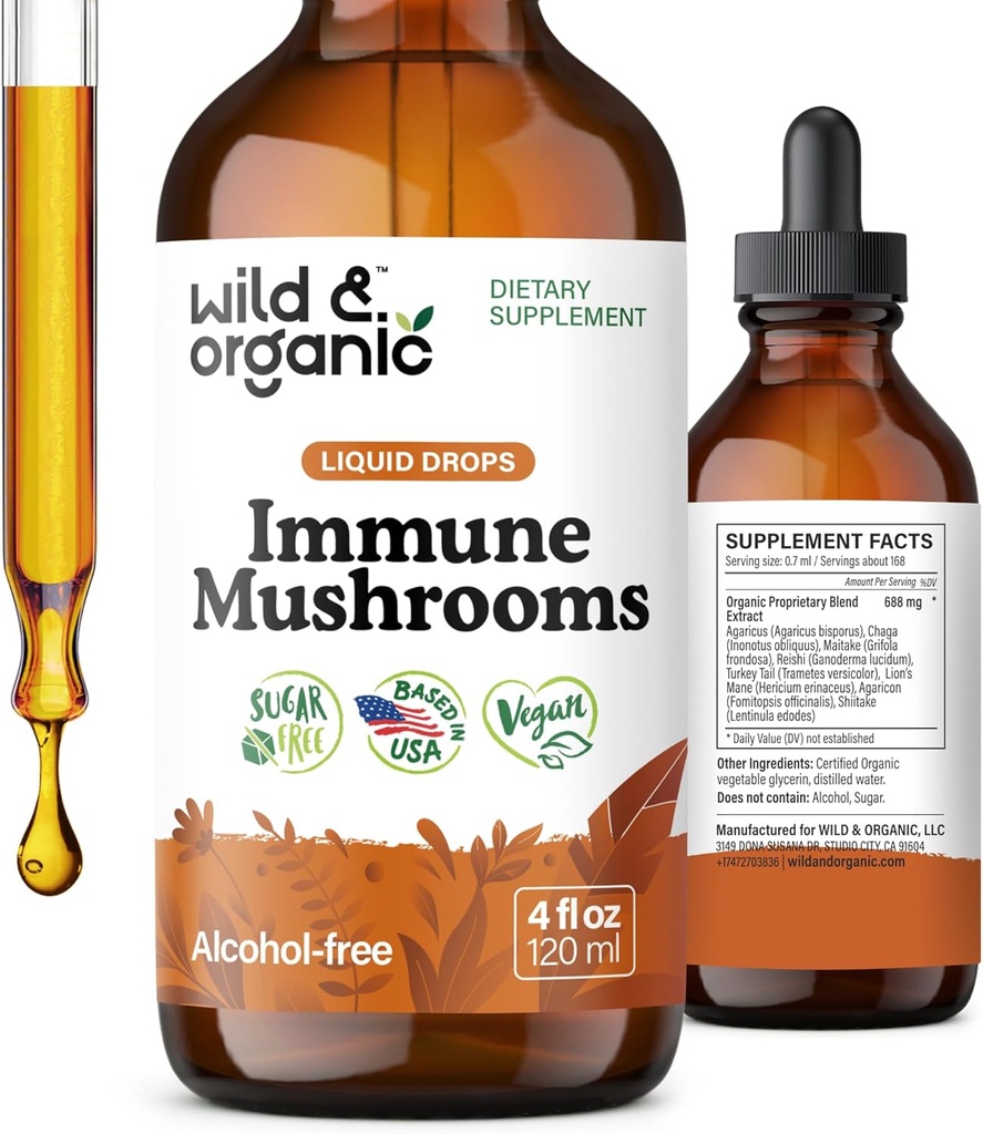 Wild & Organic Immune Mushroom Tincture - 8-in-1 Immune Support with Chaga, Reishi, Türkiye Tail, Lion's Mane, Maitake Extract - Liquid Mushroom Supplement - Vegan, Sugar & Alkol Free Drops - 4 ozz