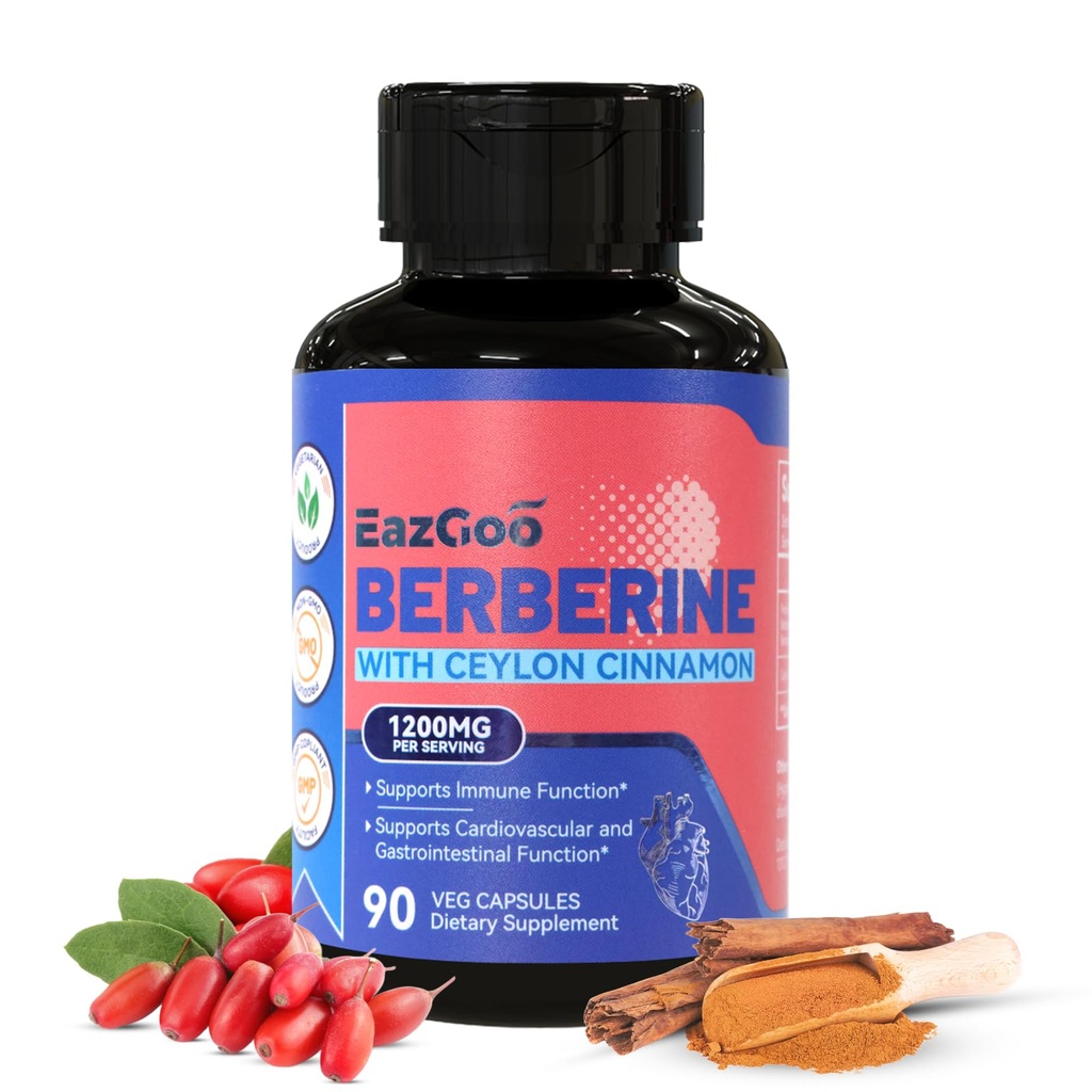 Premium Berberine Supplement 1200 mg with Ceylon Cinnamon - 90 Vegan Capsules - Berberine HCL Supplement Non-GMO Gluten Free, Immune Support