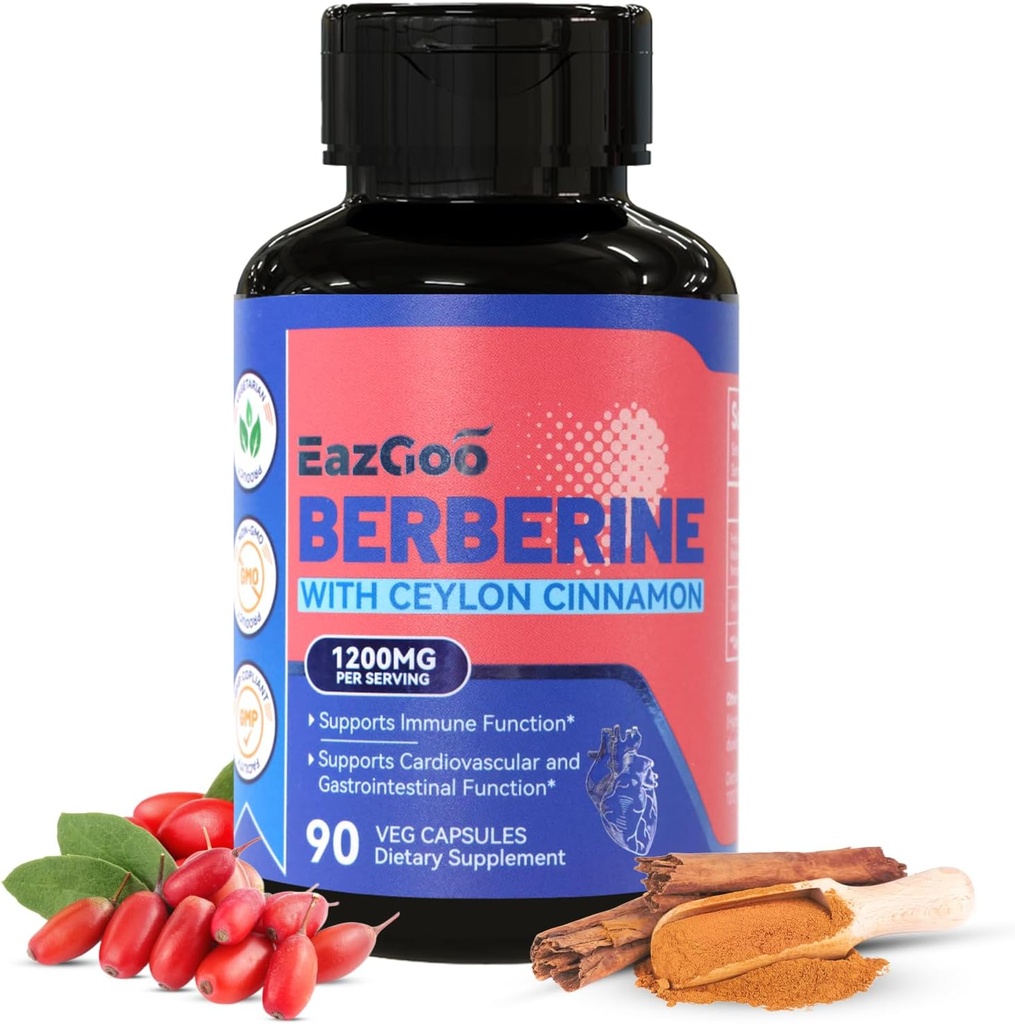 Premium Berberine Supplement 1200 mg with Ceylon Cinnamon - 90 Vegan Capsules - Berberine HCL Supplement Non-GMO Gluten Free, Immune Support