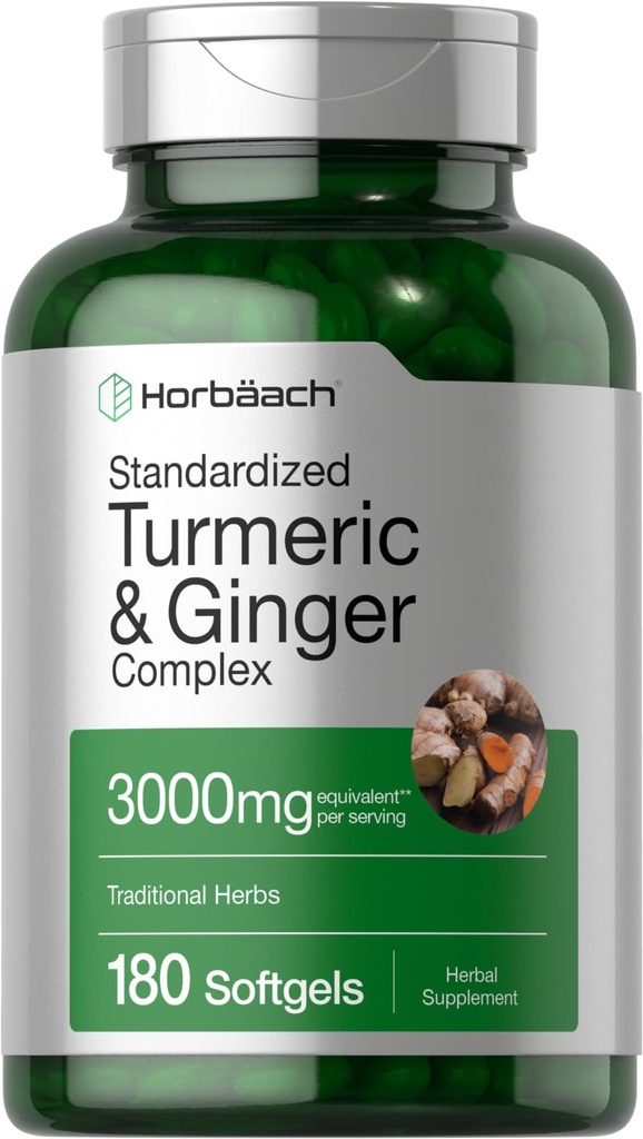 Horbäach Turmeric and Ginger Supplement | 180 Softgel Pills | with Black Pepper Extract | Non-GMO, Gluten Free Supplement