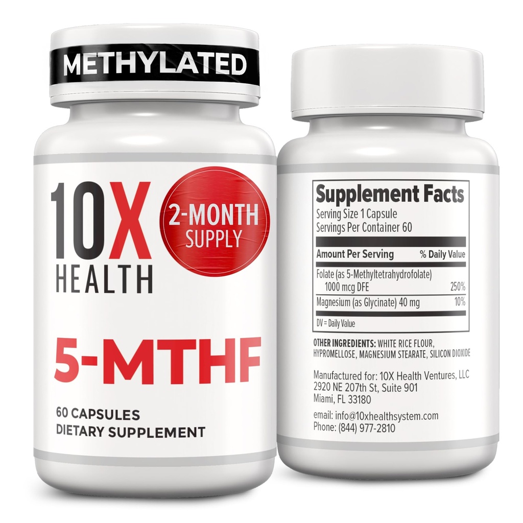 10X Υγεία 5-MTHF Μεθυλοφολικό - μεθυλιωμένο φολικό & Μαγνήσιο για τον εγκέφαλο, την καρδιά υγεία, το DNA & νευροδιαβιβαστή - Βιοδιαθέσιμο συμπλήρωμα φολικό μεθύλιο - συμπλήρωμα μεθυλίου 60 κάψουλες