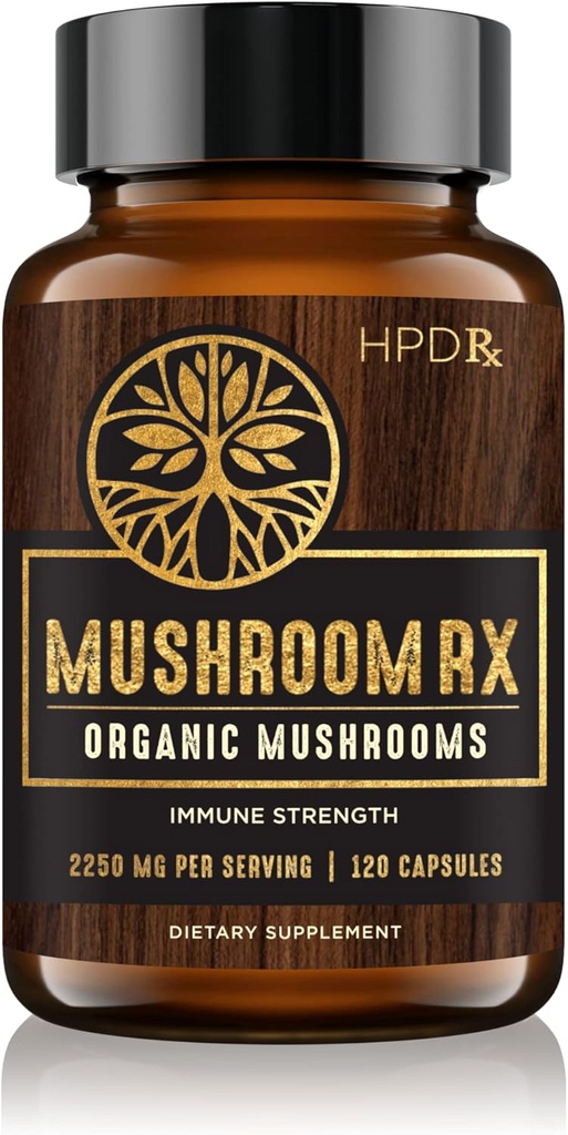HPD Rx Mushroom Rx Organik Mushroom Extract Mix Max Immunity Dose, Lion's Mane, Chaga, Reishi, Shiitake Maitake & Turkey Tail Mushroom Supplements | 2250 mg, 30-Day Supply, Pack of 1