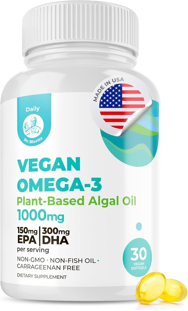 DR. MORITZ Vegan Omega-3 Yetişkinler ve Çocuklar için Softgels, DHA EPA, Küçük Algae Omega 3 Supplements, Vegan, 30