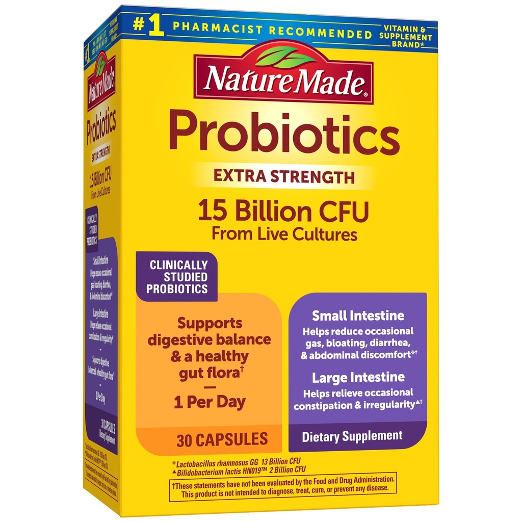 Nature Made Probiyotiks for Digestive Health Ekstra Strength 15 Milyar CFU from Live Cultures, Probiyotik Capsules, 30 Day Supply 30 Probiyotik Capsules, 30 Day Supply
