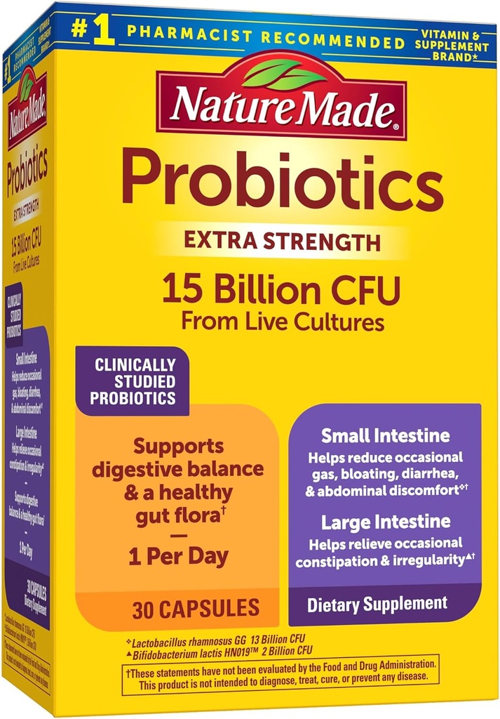 Nature Made Probiyotiks for Digestive Health Ekstra Strength 15 Milyar CFU from Live Cultures, Probiyotik Capsules, 30 Day Supply 30 Probiyotik Capsules, 30 Day Supply