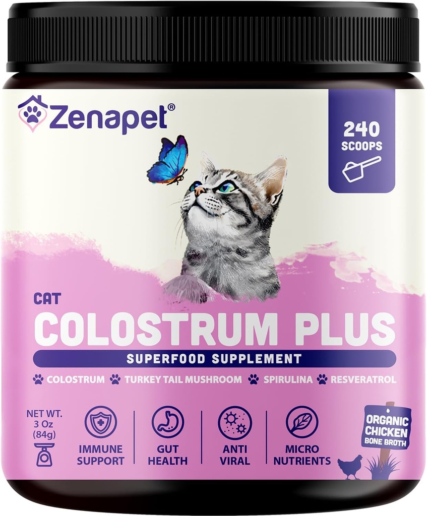 ZENAPET Cat Colostrum Plus Premium Toz Topper, Immune & Digestive Health Supplement, 240 Hizmet (8-Month Supply), Supports Skin & Coat, ABD'de Yapılan Destekler