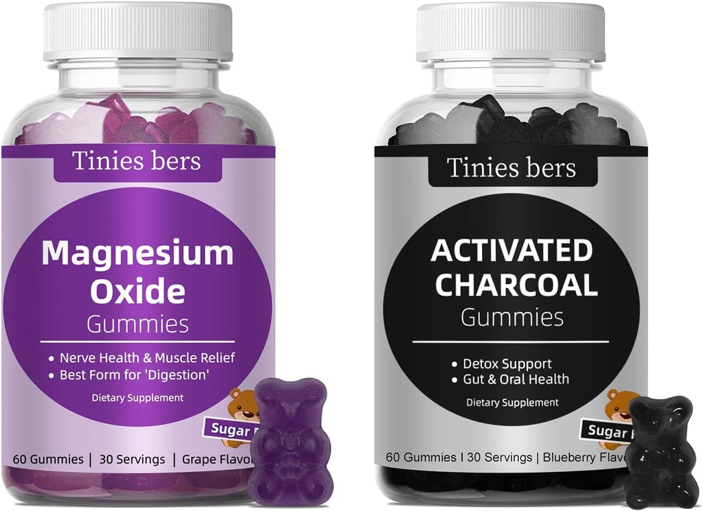 Aktif Charcoal Gummies 400 mg, Hoffman Magnezyum Gummies 500 mg Sugar Free for Yetişkinler & Kids, Quicker to Cleanse, Detox, Gas Relief, Gut & Oral Health, En İyi Mg Form for 'Digestion'