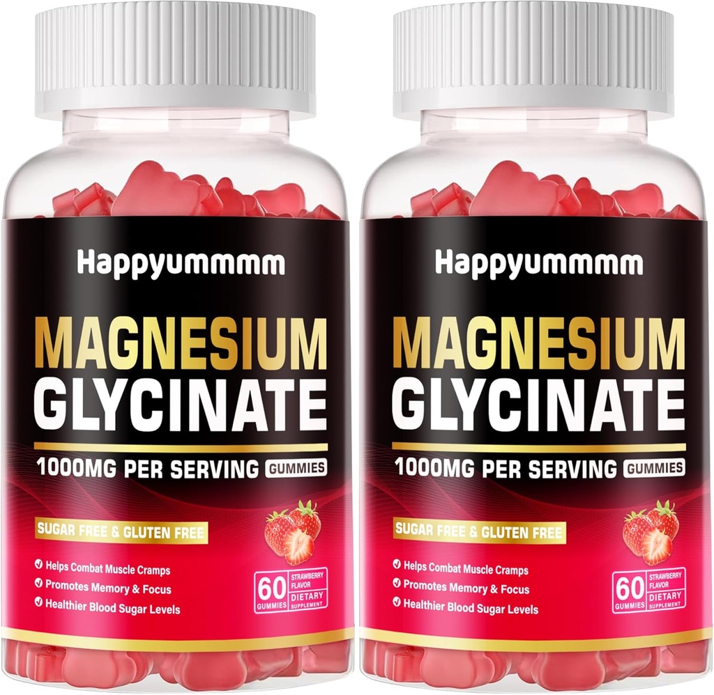 Μαγνήσιο Γλυκινικό Gummies 1000mg - Συμπλήρωμα μαγνησίου χωρίς ζάχαρη με βιταμίνη D, B6, CoQ10 για υποστήριξη ηρεμίας & ύπνου - 120 Gummies φράουλα