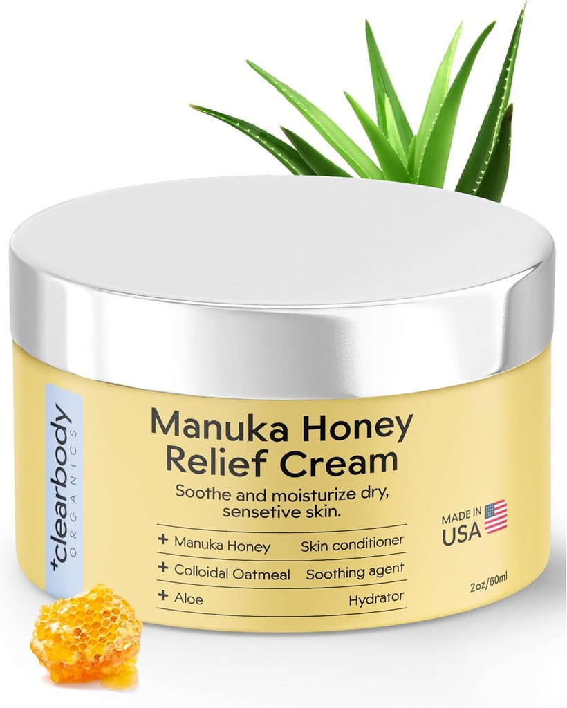 Clearbody Organics Manuka Honey Cream - 2 fl oz, Συσκευασία 1 - Καταπραϋντική Κρέμα Eczema - Βαθιά ενυδάτωση με Κολλοειδές Κρέας βρώμης - Άμεση ανακούφιση Manuka για την ξηρή, φαγούρα δέρμα