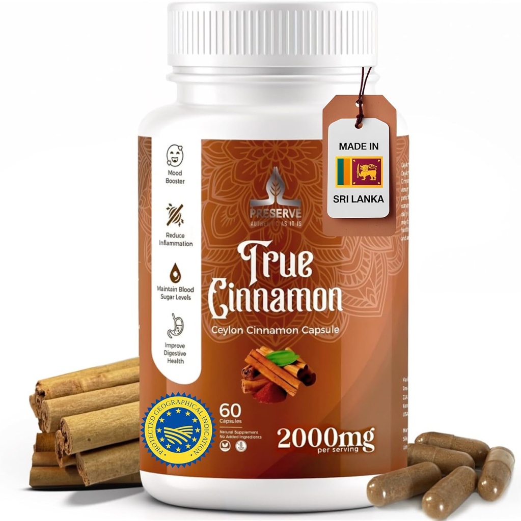 Pure Ceylon Cinnamon Capsules, 2,000mg, Two Moon Supplement | Made in Sri Lanka | Non-GMO, Gluten-Free, True Cinnamomum from Sri Lanka, 100% Pure Cinnamon (NOT Mix with Cassia).