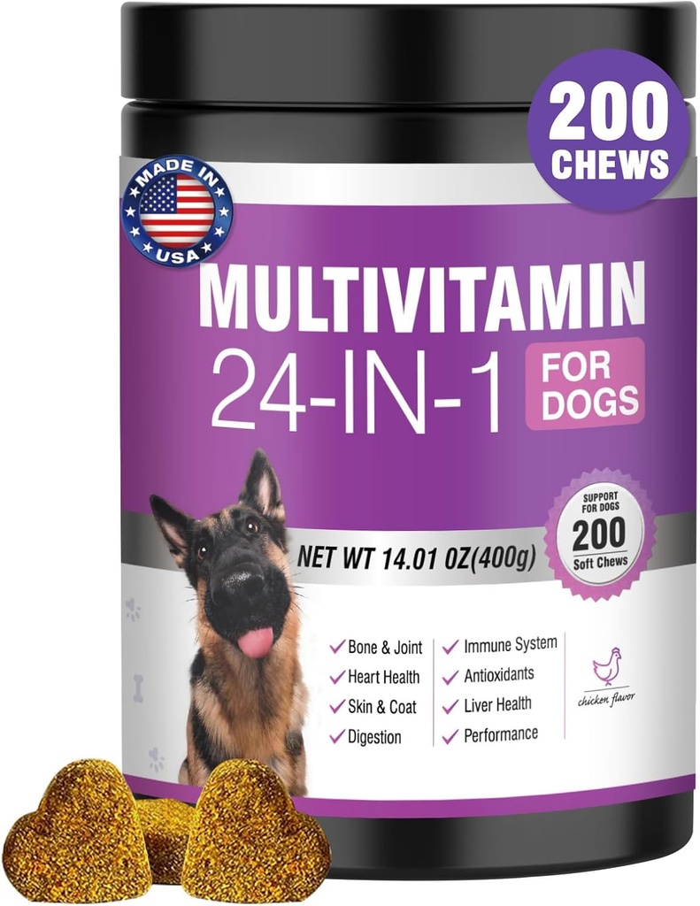 24in-1 Köpek Vitaminleri ve Supplements 200 Ct Köpekleri Multivitamin Chewable Contain Chondroitin Probiyotiks Omega-3 Glucosamine Köpekler için Skin Coat Heart Ortak Gut Liver Brain Eyes Immune Support - Chicken