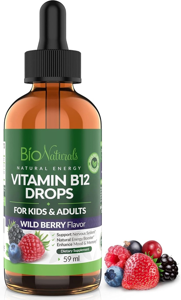Bio Naturals Βιταμίνη Β12 Υγρές σταγόνες για ενήλικες & παιδιά - 100% Φυσικό Υπογλώσσιο Μεθυλοκοβαλαμίνη - Υψηλότερη απορρόφηση - Ενέργεια & Εγκέφαλος Booster Βοηθά με Κόπωση & Αδυναμία - Wild Berry - 2 fl oz