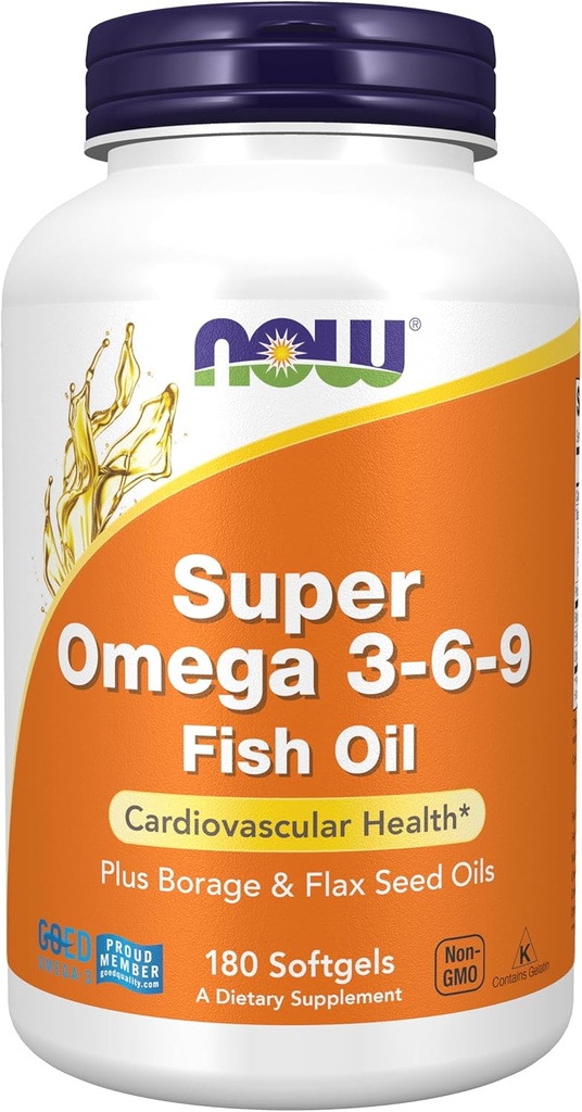 NOW Συμπληρώματα Τροφίμων, Super Omega 3-6-9 1200 mg με ένα μείγμα των ψαριών, Borage και flax σπορέλαια, 180 Softgels