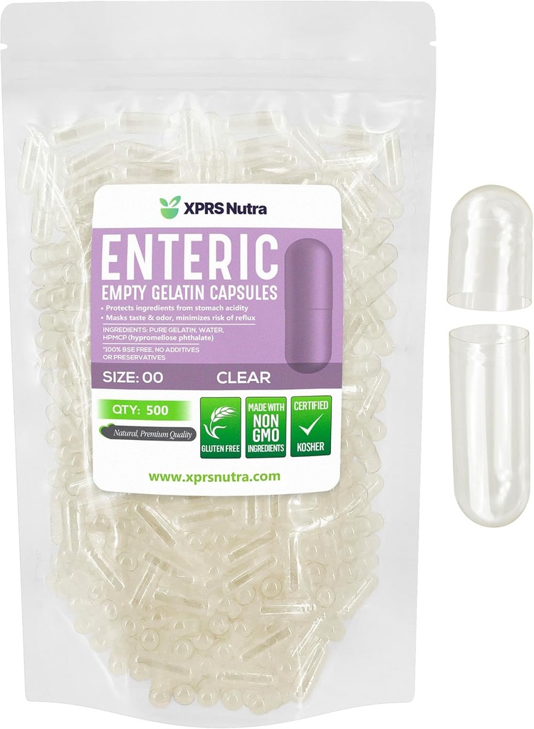 XPRS Nutra Boyutu 00 Boş Kapsüller - 500 Kont Clear Giric Kaplaması Boş Gelatin Capsules - Gecikmiş Yayın Pilleri - DIY Capsule - Pure Bovine Boş Giric Gel Caps