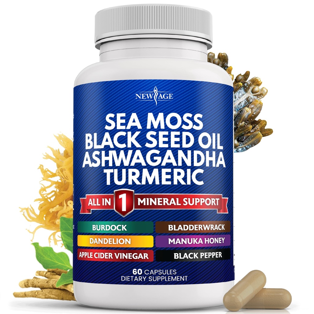 NEW AGE Sea Moss Black Seed Oil Ashwagandha Turmeric Bladderwrack Burdock - Manuka, Honey Dandelion, ACV Black Pepper Gluten Free