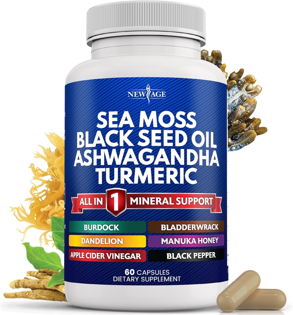NEW AGE Sea Moss Black Seed Oil Ashwagandha Turmeric Bladderwrack Burdock - Manuka, Honey Dandelion, ACV Black Pepper Gluten Free