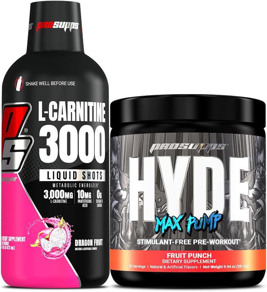PROSUPPS L-Carnitine 3000 Stimulant Ücretsiz Sıvı Shots (Dragon Meyvesi) ve Hyde Max Pump Pre Workout for Men and Women (Fruit Punch)