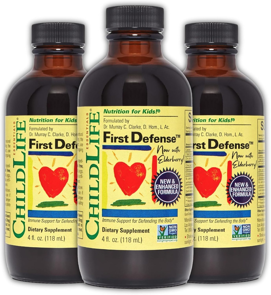 ÇOCUKLIFE ESSENTIALS First Defense - Kids Immune Support, Immune Support for Kids, Toddlers 1-3, Bebekler 6 Ay+, Elderberry ile Vitamin Syrup, çinko, GMO, Gluten Free - 4 Fl Oz (Pack of 3)