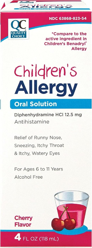 Quality Choice Children's Antihistamine Çözümü. Alkol Free Cherry Flavor Active Diphenhydramine for Cough, Runny Nose, Itching Eyes & Throat Relief 4 oz