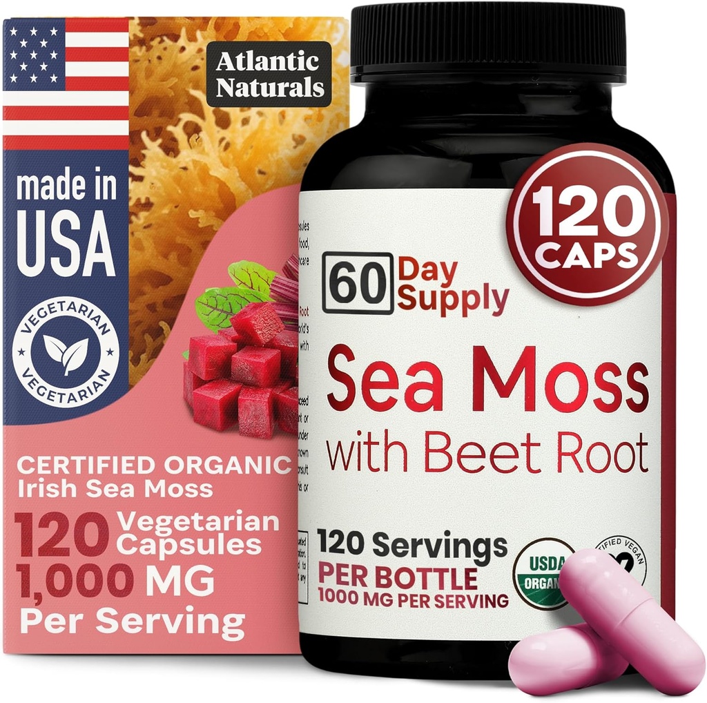 Atlantic Naturals Sea Moss, Beet Root Capsules - Premium Quality Multivitamin Supplement - Sea Moss Superfood to Support Immune Health, Blood Flow, Joint Health & Athletic Performance - 120 ctt