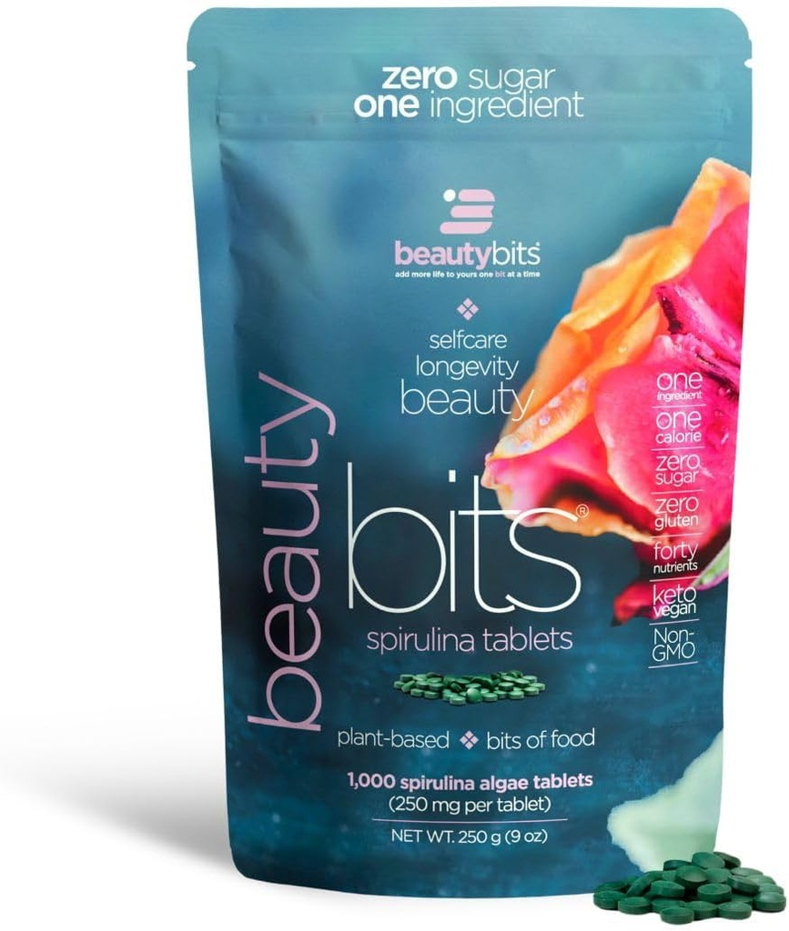 BEAUTYbits - Βιολογικά δισκία Spirulina - Algae Superfood - Collagen, Protein, Chlorophyl - Μαλλιά, νύχια, & φροντίδα του δέρματος - Vegan, Keto, Χωρίς γλουτένη - Skincare Δώρα ομορφιάς - 1000 Tablet Τσάντα