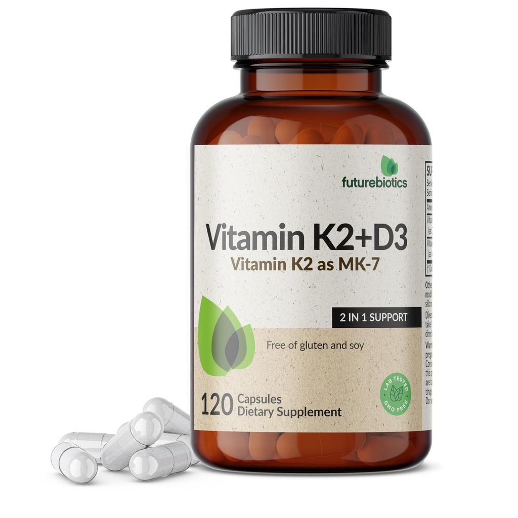 Μελλοντικά αντιβιοτικά Βιταμίνη K2 (MK7) με συμπλήρωμα D3 - Μη ΓΤΟ Φόρμουλα - 5000 IU Βιταμίνη D3 & 90 mcg Βιταμίνη K2 MK-7, 120 κάψουλες χορτοφάγων