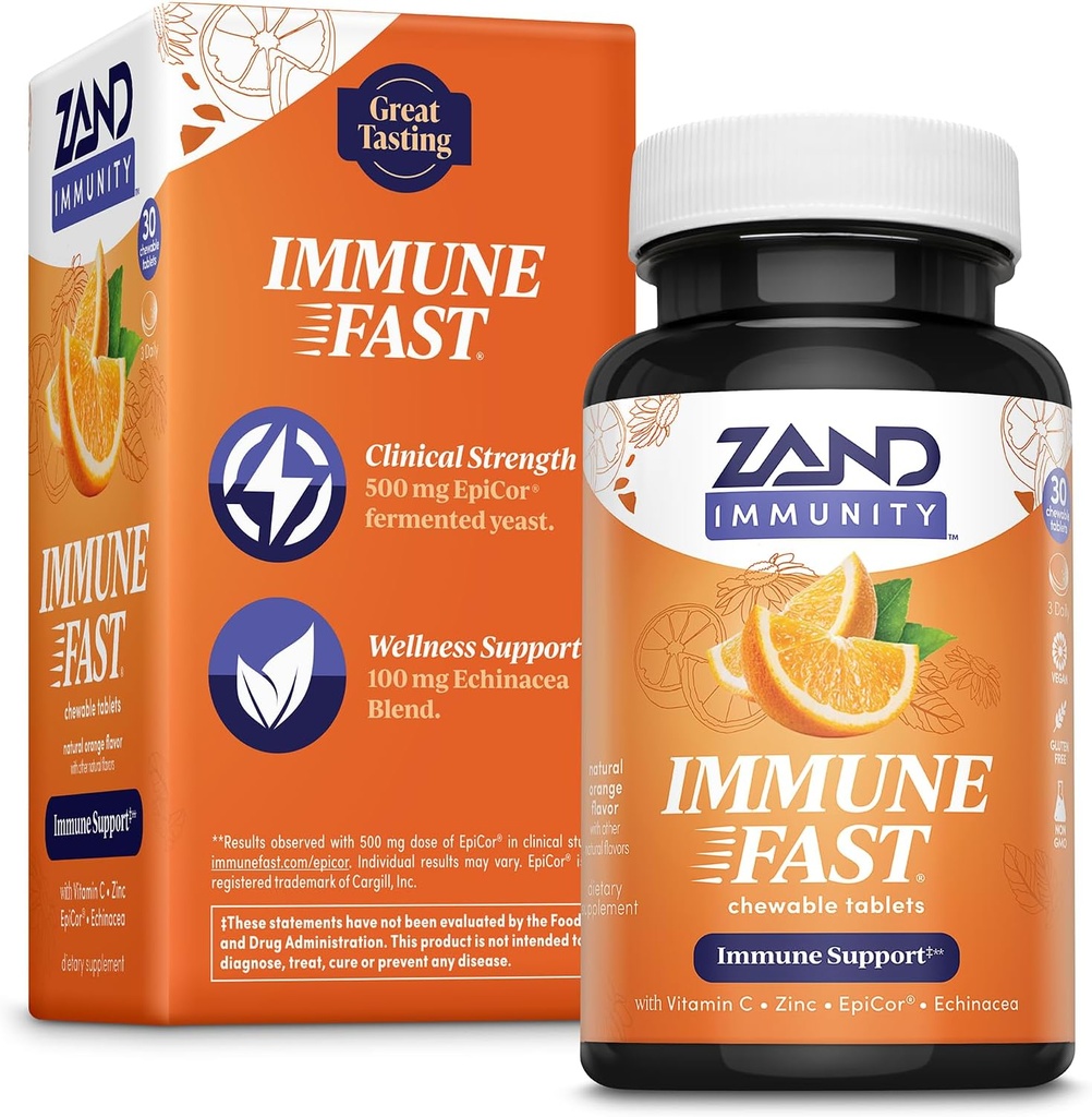 Zand Immune Fast Zesty Orange Chews | Boosts Immune Response & Cell Activity w/EpiCor*, Echinacea, 30 Tablet, 10 Serv.