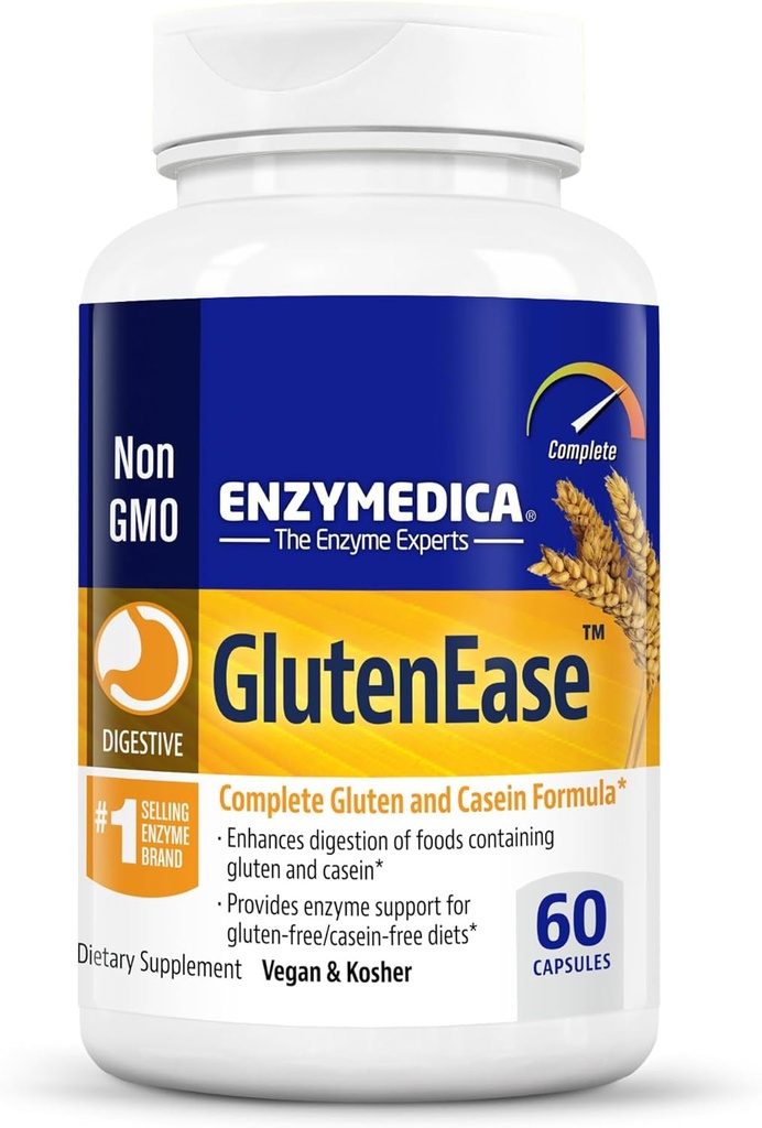 Enzymedica GlutenEase, Kadınlar ve Erkekler için Advanced Digestive Enzymes, Bloating Relief & Digestive Health, Helps Break Down Gluten & Casein, 60 Capsules
