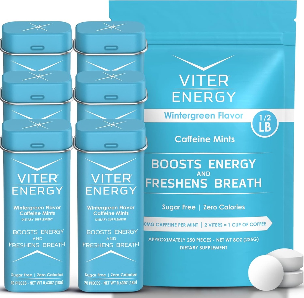 Viter Energy Original Caffeine Mints Wintergreen Flavor 6 Pack and 1/2 Pound Bulk Bag Bundle - 40mg Caffeine, B Vitamins, Sugar Free, Vegan, Powerful Energy Booster for Focus and Alertness