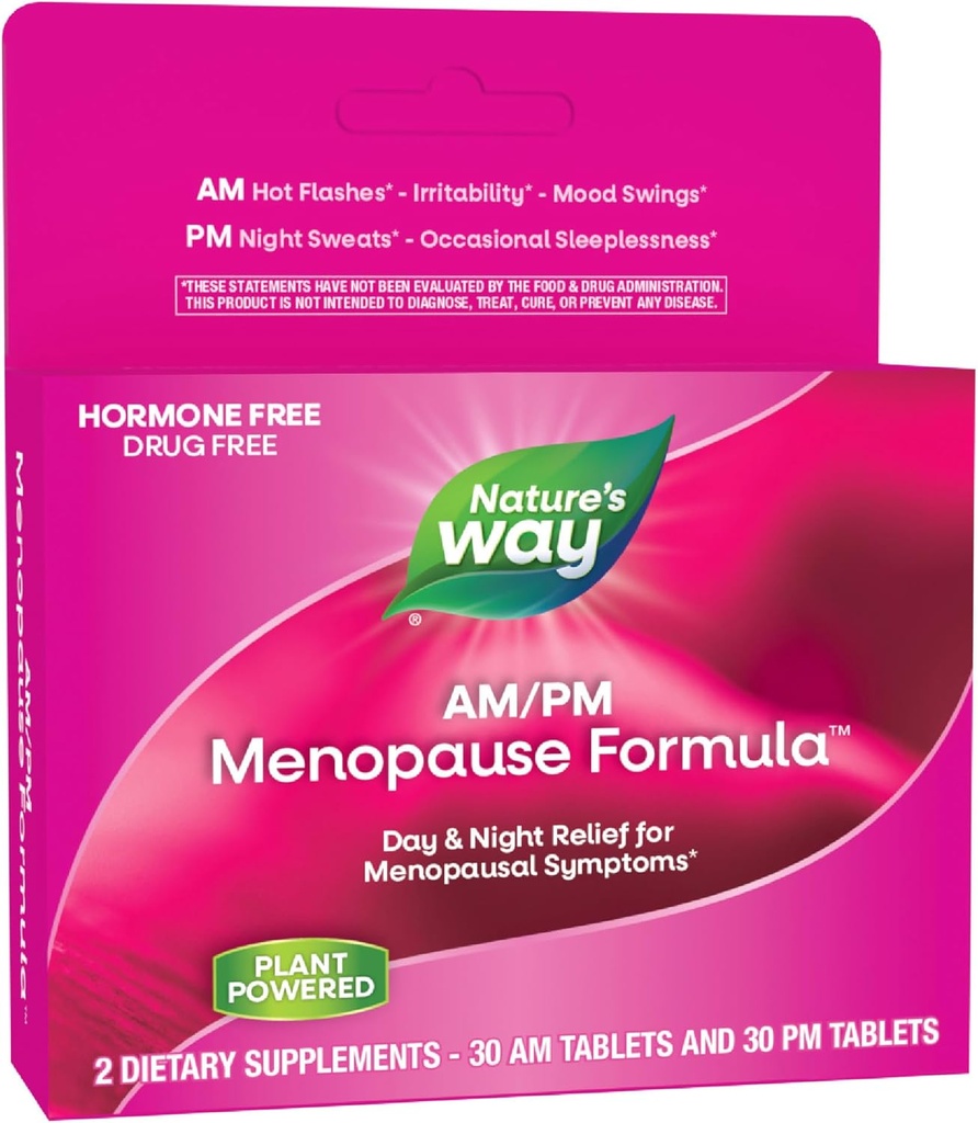 Nature's Way AM/PM Menopause Supplements for Women, Hot Flash Relief*, Night Sweats*, Restful Sleep*, Mood Swings*, Hormon-Free Formulas with Black Cohosh, Theanine, Valerian, 60 Tabletler
