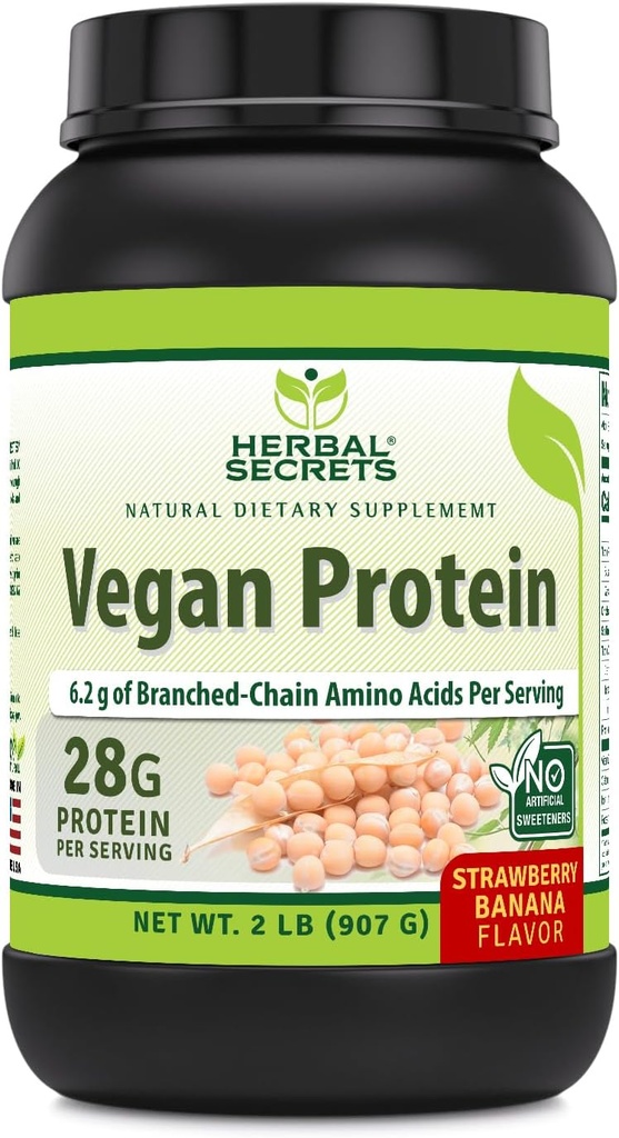 Herbal Sırları Vegan Protein | 28 Grams Protein | 23 Hizmet | 6.2 Grams BCAA Supplement | ABD'de Yapıldı (2 Lb, Strawberry Banana)