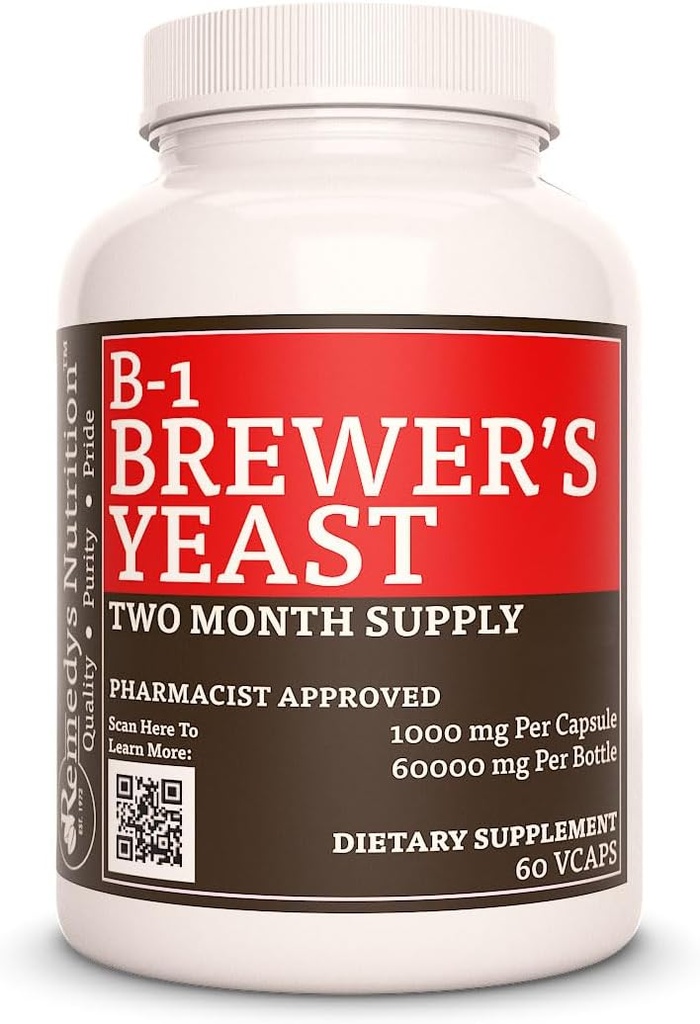 Remedy’s Nutrition Vitamin B-1 with Brewers Yeast | 1,000 mg, 60 Vegan Capsules Dietary Supplement | Two Month Supply