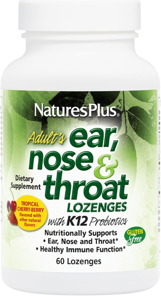 Natures Plus Lozenge λαιμός ενηλίκων με K12 Probiotics - 60 Lozenges - Φυσικό τροπικό κεράσι Berry Flavor - Υποστηρίζει αυτί, μύτη και λαιμό και ανοσοποιητική λειτουργία - Χωρίς γλουτένη - 30 Μερίδες