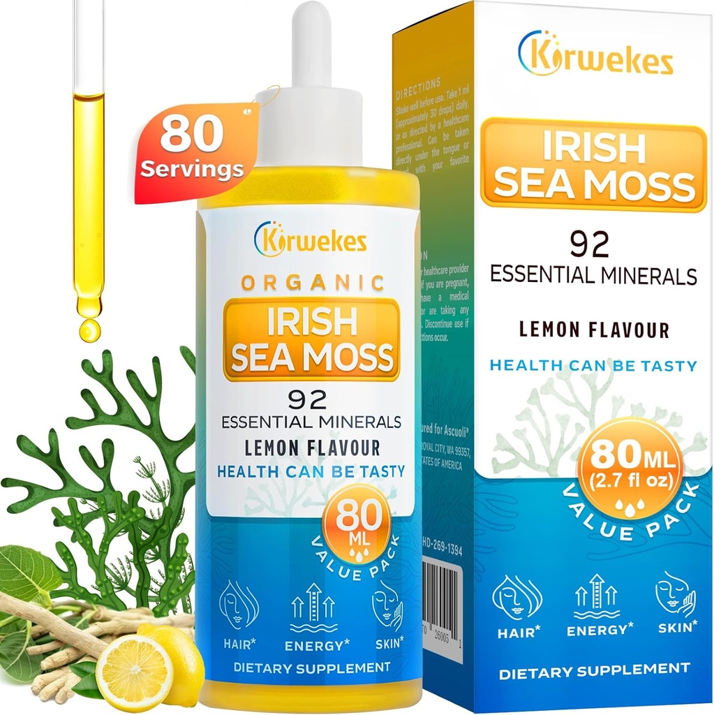 Sea Moss & Ashwagandha Root Drops - 10X Güçlü Seamoss & Ashwagandha for Women & Men, Sea Moss Drops for Mood, Immunity, Digestive, Energy, Skin, Hair Common(Lemon Flavour - 80 hizmet