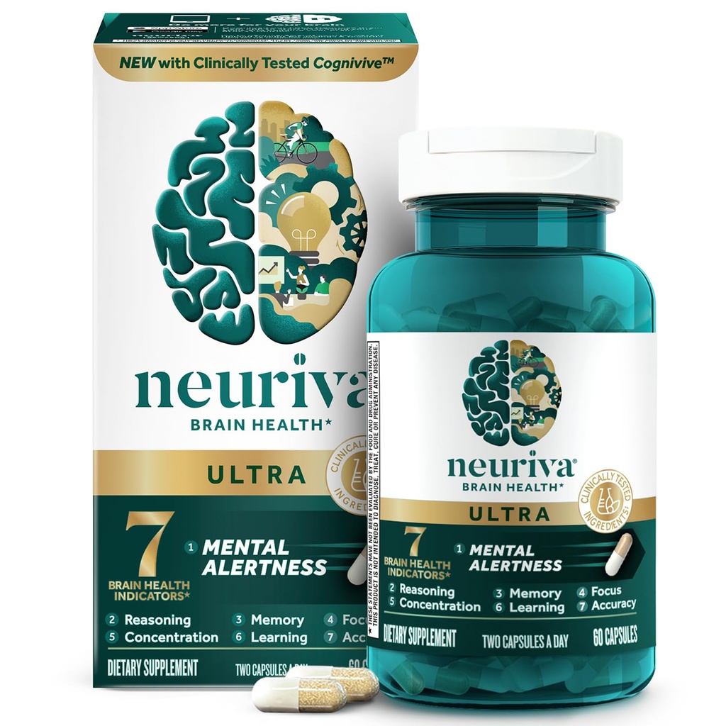 NEURIVA Ultra Decaffeinated Klinikly Test Edildi Nootropic Brain Supplement for mental Alertness, Memory, Focus & Concentration, Cognivive, Neurotors, Phosphatidylserine, Vitamins B6 B12, 60 Capsules