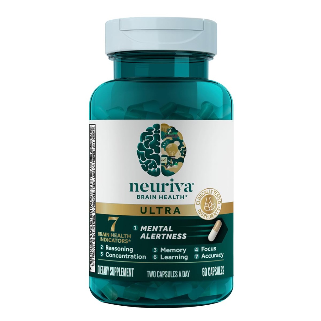 NEURIVA Ultra Decaffeinated Klinikly Test Edildi Nootropic Brain Supplement for mental Alertness, Memory, Focus & Concentration, Cognivive, Neurotors, Phosphatidylserine, Vitamins B6 B12, 60 Capsules