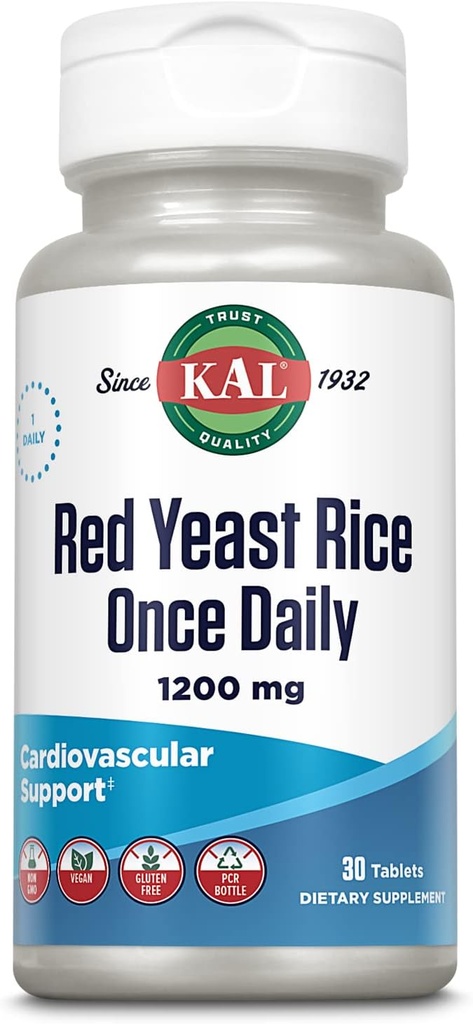 KAL Red Yeast Rice Once Daily 1200 mg, Cardiovascular Support* Supplement with Natural Occurring Un doy Fatty Acids, replicas & Phytonutrients, Vegan, Gluten Free, 30 Hizmet, 30 Tablet