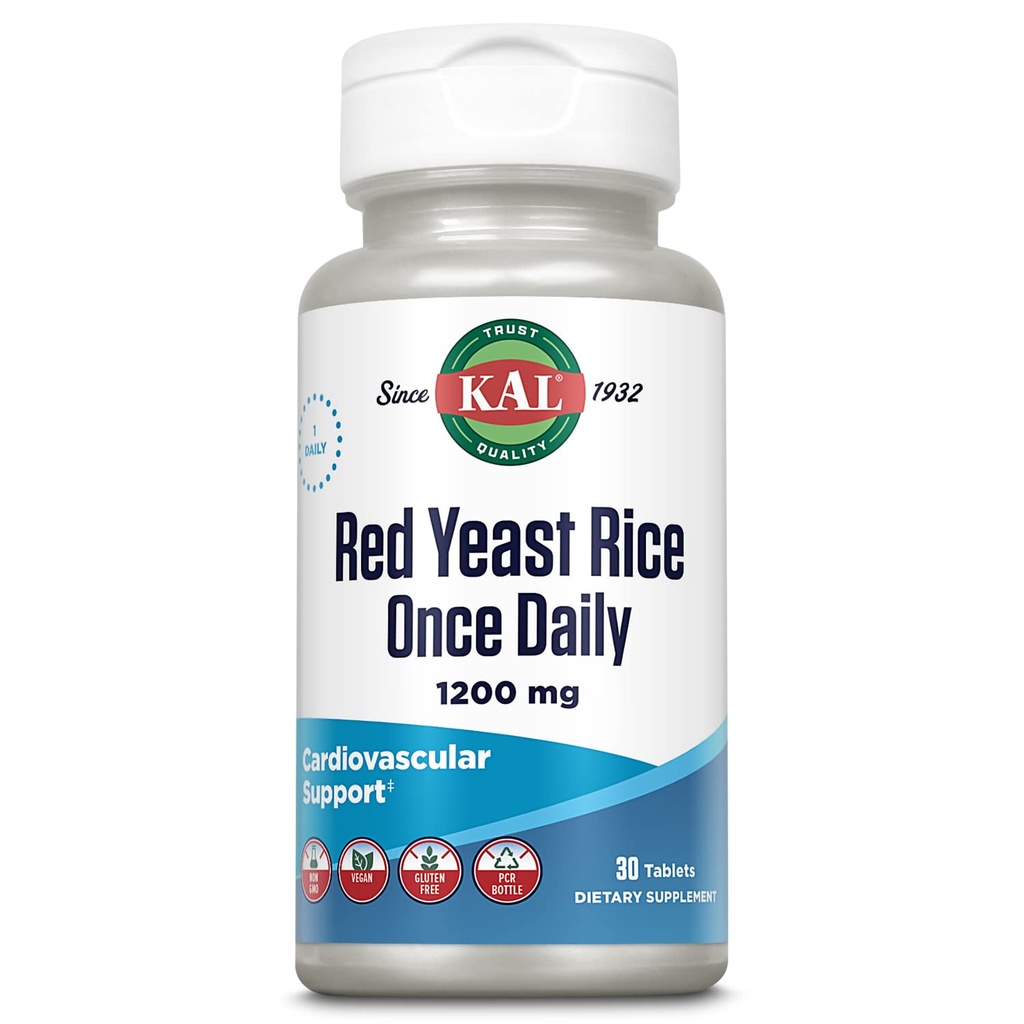 KAL Red Yeast Rice Once Daily 1200 mg, Cardiovascular Support* Supplement with Natural Occurring Un doy Fatty Acids, replicas & Phytonutrients, Vegan, Gluten Free, 30 Hizmet, 30 Tablet