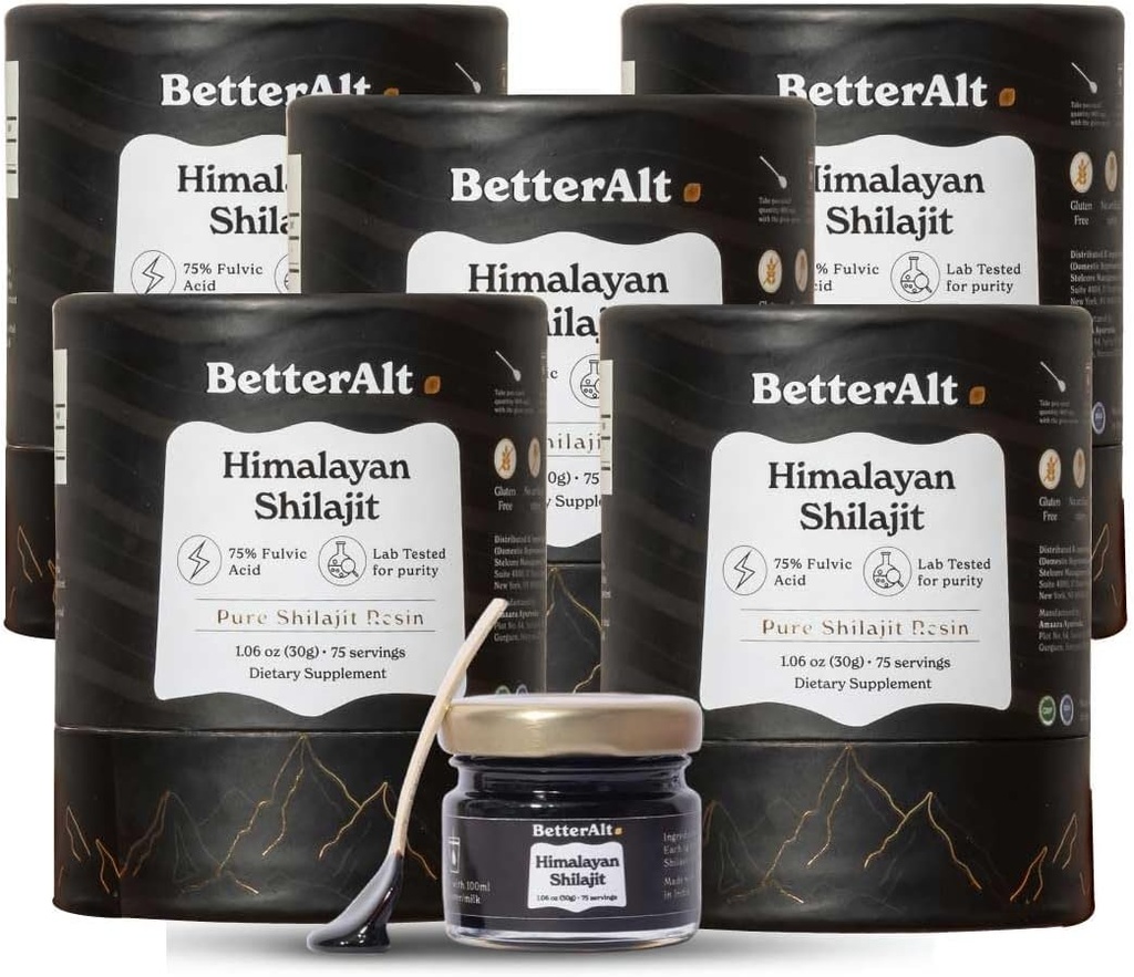 Better Alt Pure Imalayan Shilajit Resin Pack 5 Υψηλής ισχύος χρυσό βαθμού 375 Υπηρεσίες για την ενίσχυση της ενέργειας & ανοσοποιητική υποστήριξη, 85+ Trace Minerals, 75%+ Fulvic Acid, με εργαστηριακή έκθεση δοκιμών,400 mg