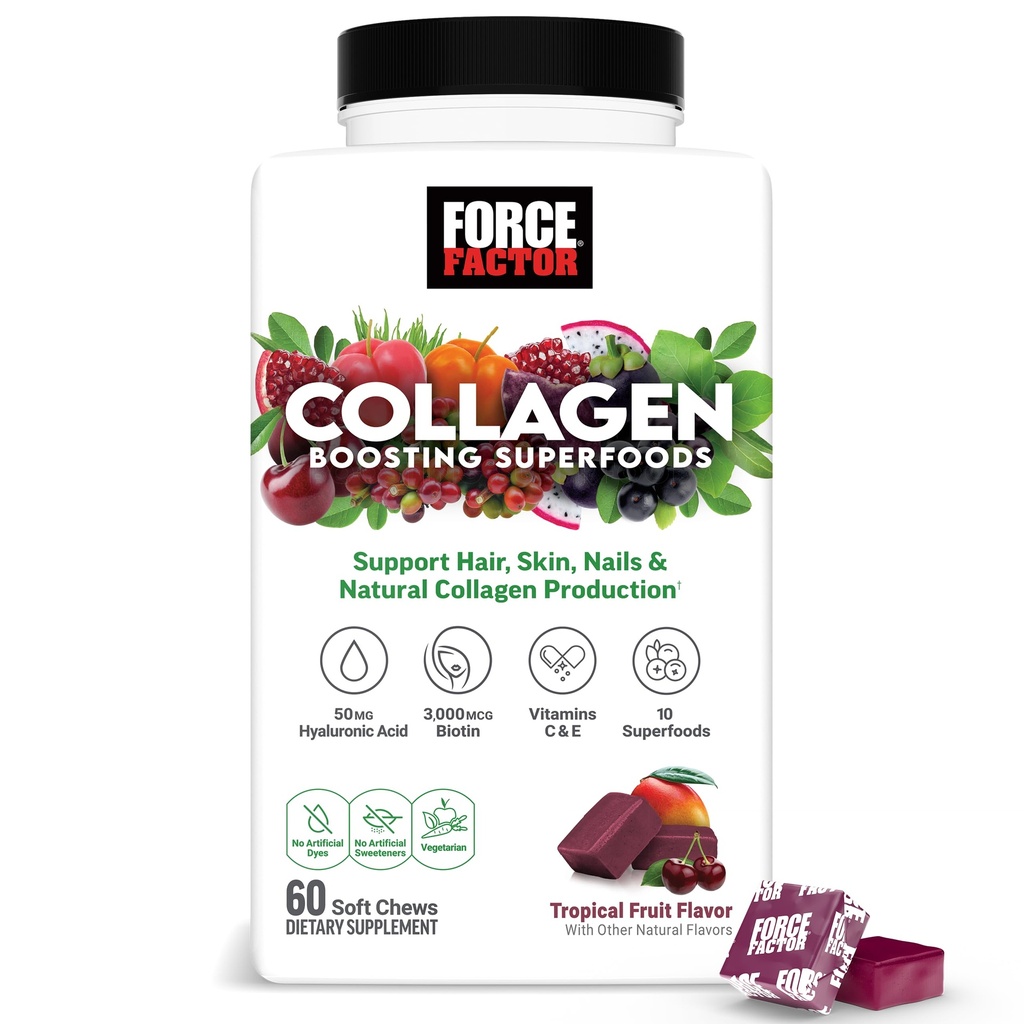 Force Factor Collagen Superfoods, Vegan Collagen Branson for Women, with Biotin, Hyaluronic Acid, and Vitamin C, for Hair, Skin, Nails, & Ortak Destek, Tropikal Meyve, 60 Soft Chews