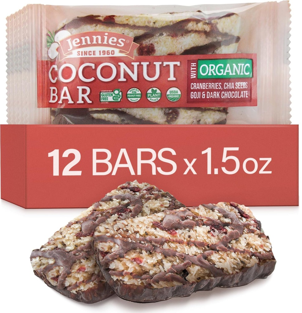 Jennies Raw Organic Cut Moji Coconut Bar, 1.5oz (12 Pack) | Peanut Free | Gluten Free