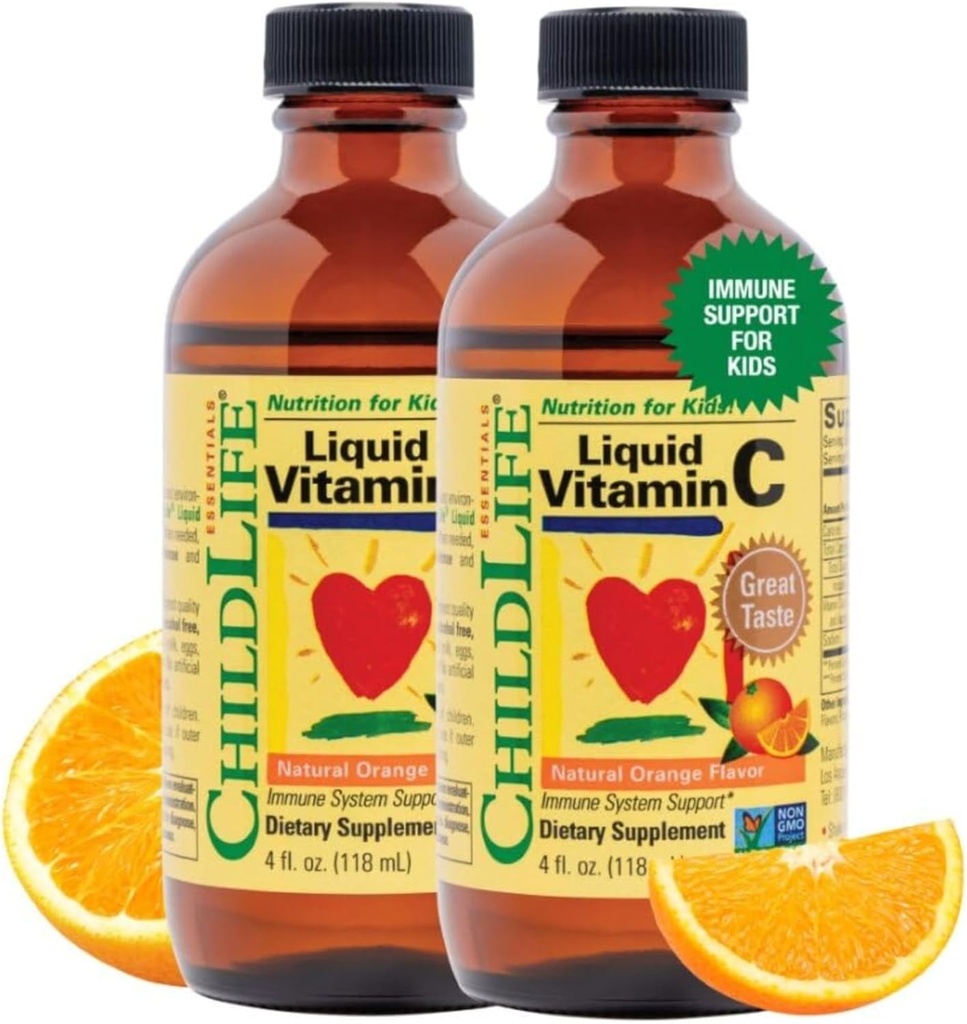 ÇOCUKLIFE ESSENTIALS Sıvı Vitamin C - Çocuklar için Saf Vitamin C Sıvı Supplement, Immune System Support, Natural Orange Flavor, 4 Fl Oz (Pack of 2)